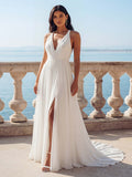 White V-Neck A Line Swep Train Beach Wedding Dress with Slit