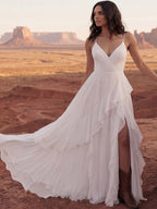 White A Line Swep Train Western Boho Wedding Dress with Ruffles