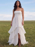 White Strapless A Line Swep Train Tiered Western Wedding Dress with Ruffles