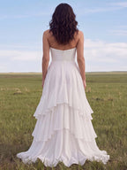 White Strapless A Line Swep Train Tiered Western Wedding Dress with Ruffles