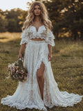 2 Piece White Lace A Line Ruffled Swep Train Boho Wedding Dress with Slit