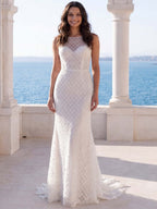 White Bateau Neck Mermaid Swep Train Beach Wedding Dress
