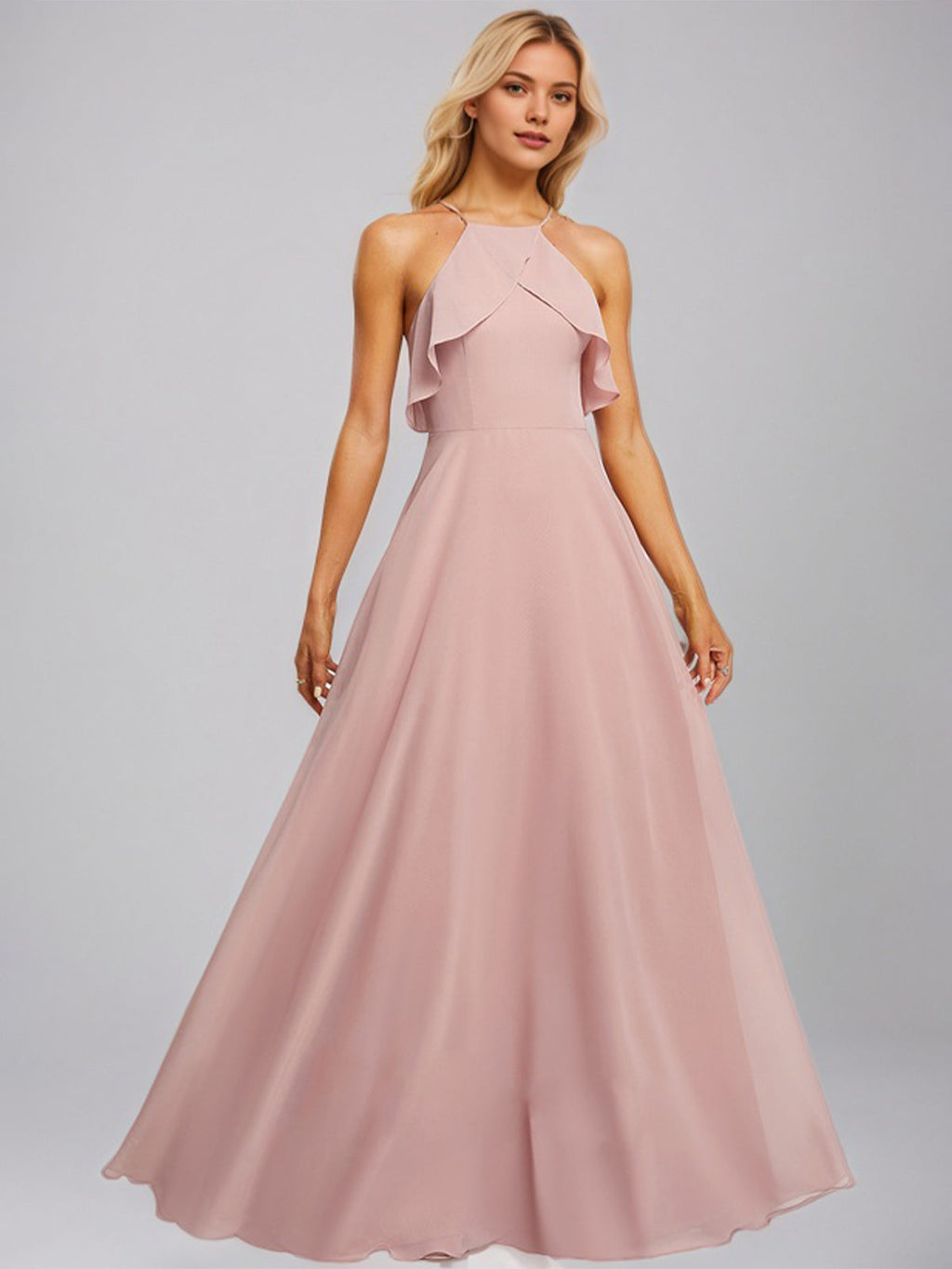 Dusty Rose A-Line Halter Floor-Length Chiffon Bridesmaid Dress With Ruffle