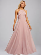 Dusty Rose A-Line Halter Floor-Length Chiffon Bridesmaid Dress With Ruffle