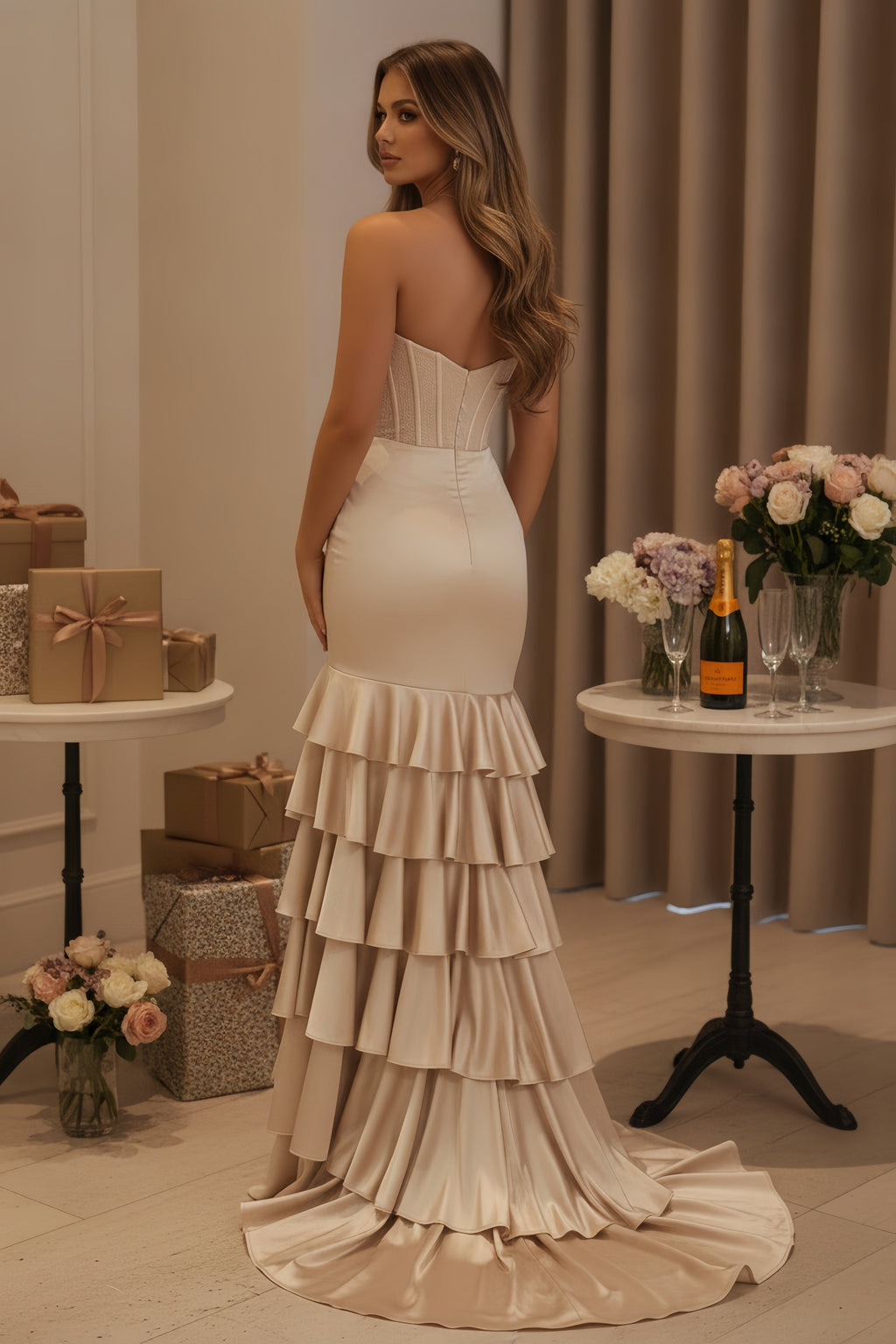 Strapless Corset Bodice Satin Evening Gown with Ruffled Skirt