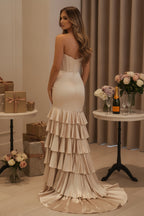 Strapless Corset Bodice Satin Evening Gown with Ruffled Skirt