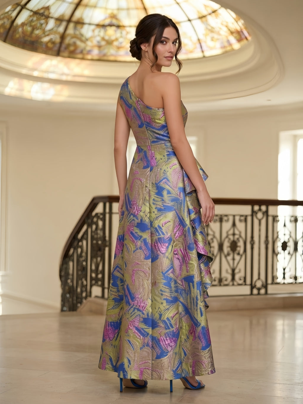 One-Shoulder Abstract Metallic Brocade Cascading Mother of Bride Dress