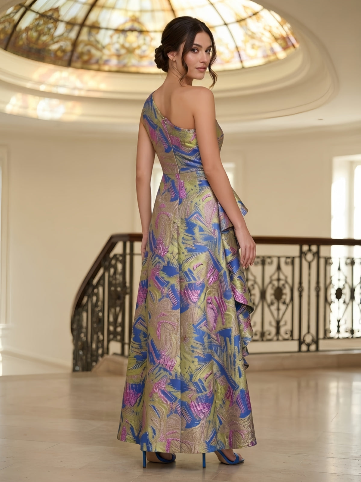 One-Shoulder Abstract Metallic Brocade Cascading Mother of Bride Dress