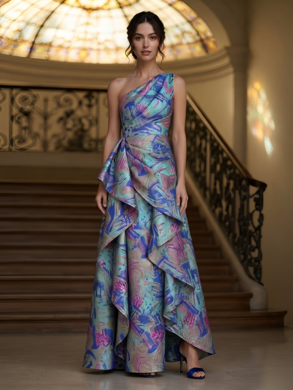 One-Shoulder Abstract Metallic Brocade Cascading Mother of Bride Dress
