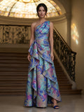 One-Shoulder Abstract Metallic Brocade Cascading Mother of Bride Dress
