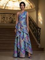 One-Shoulder Abstract Metallic Brocade Cascading Mother of Bride Dress