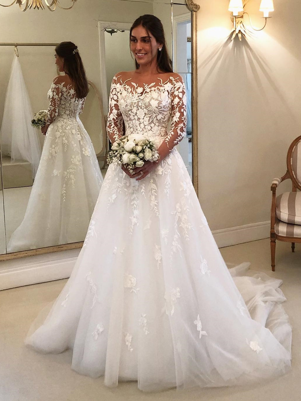 Tulle Illusion Neck A-Line Lace 3/4 Sleeves Wedding Dress With Train