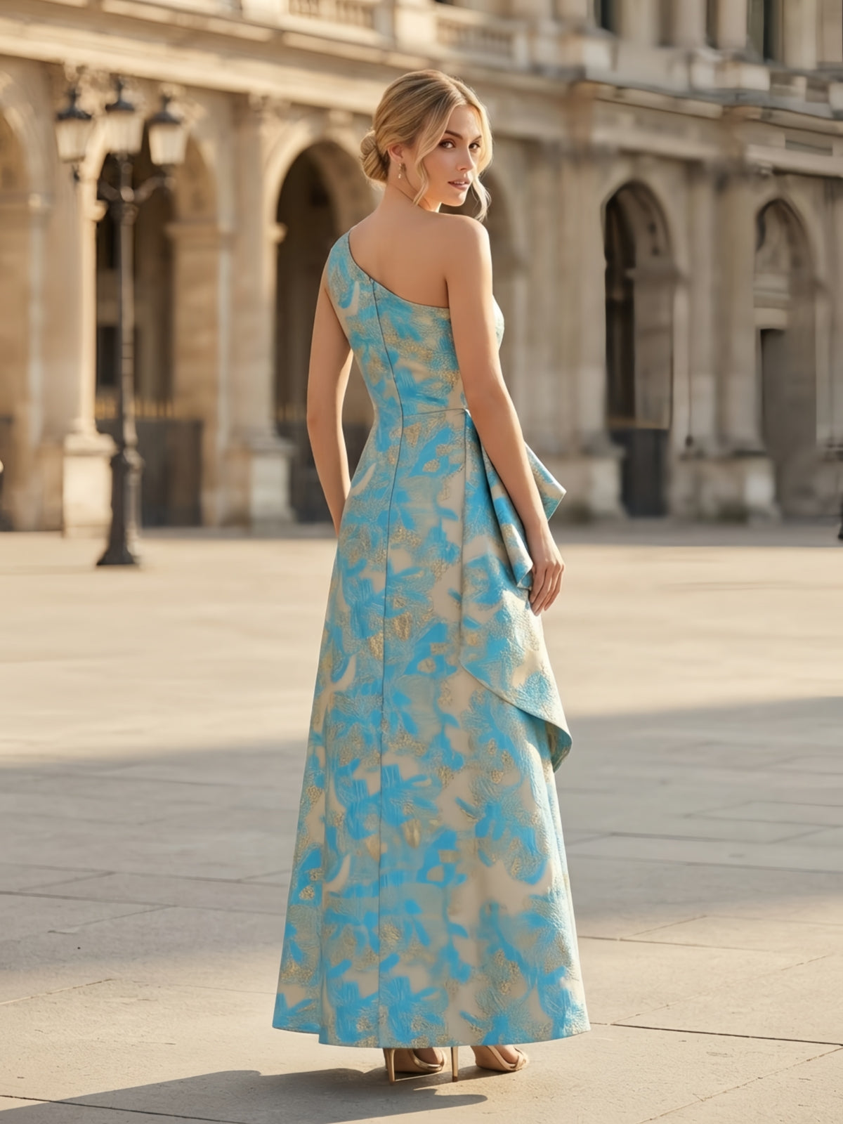 One-Shoulder Blue Gold Floral Brocade Cascading Mother of Bride Dress