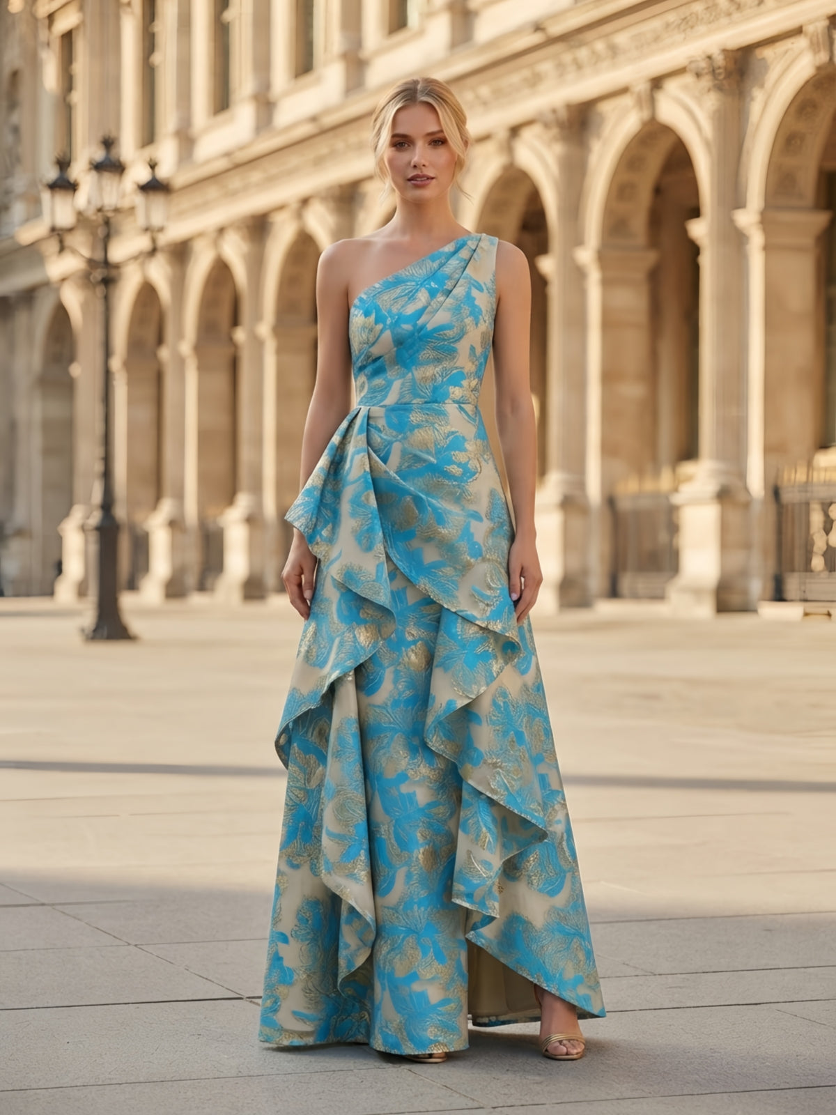 One-Shoulder Blue Gold Floral Brocade Cascading Mother of Bride Dress