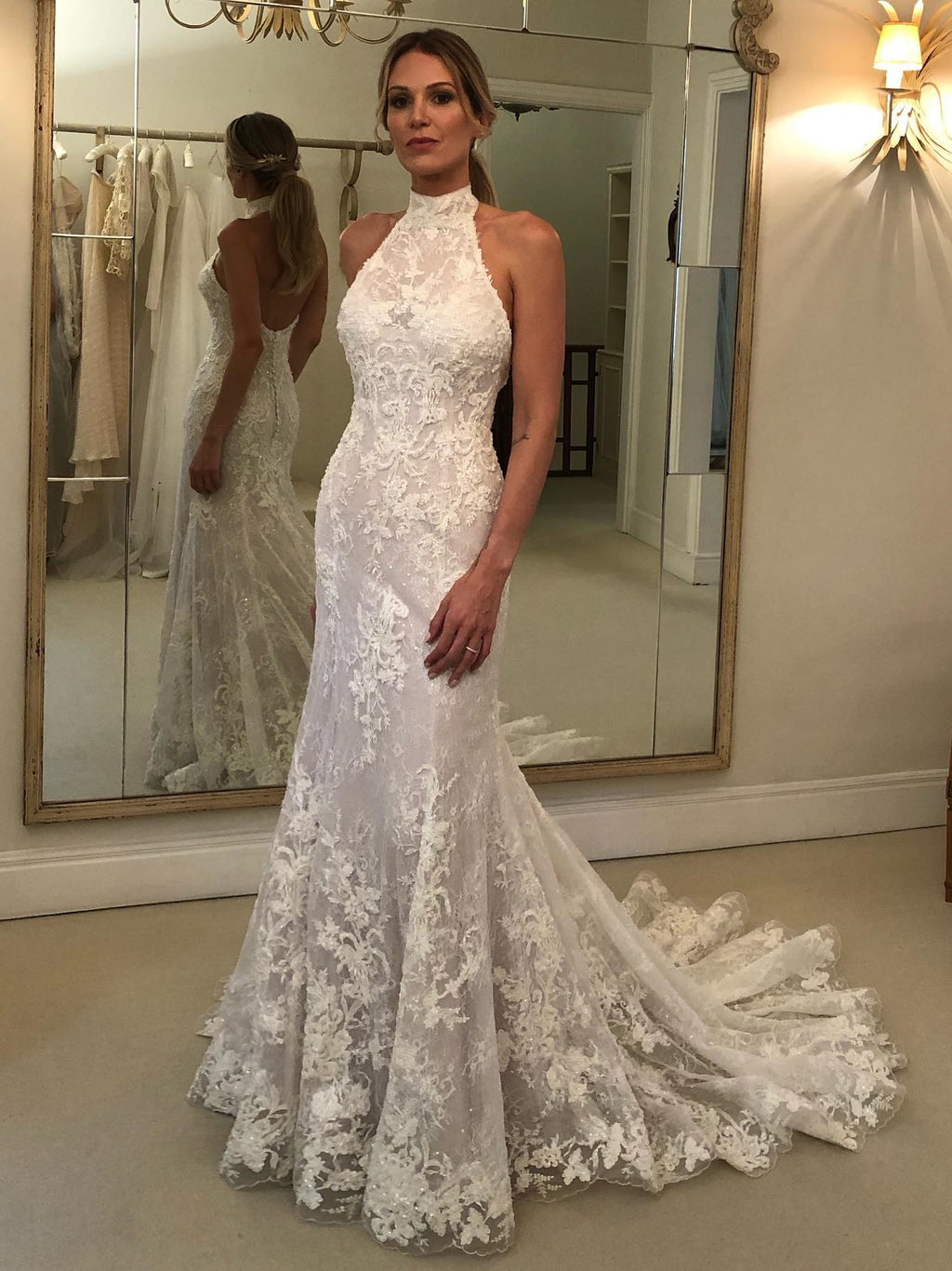 Halter Neck Mermaid Backless Lace Wedding Dress With Train