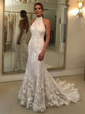 Halter Neck Mermaid Backless Lace Wedding Dress With Train