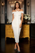 Elegant Off-Shoulder Ruched Midi Dress with Rope Detailing