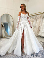 Front Split Luxury 3/4 Sleeve 3D Appliqué Lace Ballgown Wedding Dress