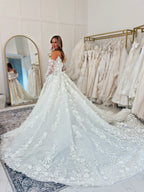 Front Split Luxury 3/4 Sleeve 3D Appliqué Lace Ballgown Wedding Dress