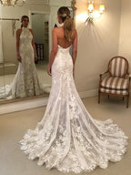 Halter Neck Mermaid Backless Lace Wedding Dress With Train