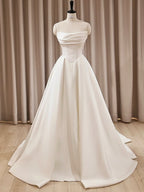 Straplesse Satin Lace Up Ball Gown Long Train Wedding Dress