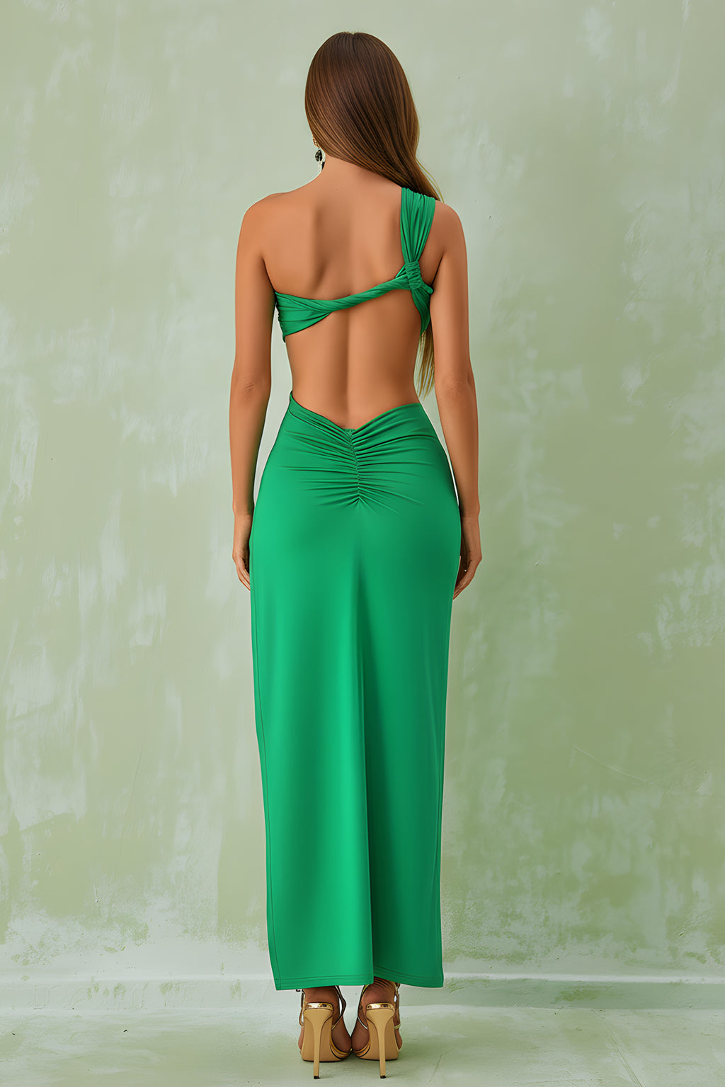 One-Shoulder Cutout Ruched High Slit Open Back Maxi Dress