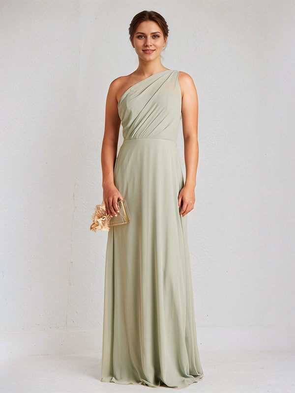 Vestido largo sin mangas de gasa verde salvia en línea A con un solo hombro