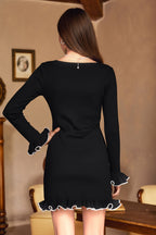 Elegant Long-Sleeve Mini Dress with Contrast Ruffled Trimming
