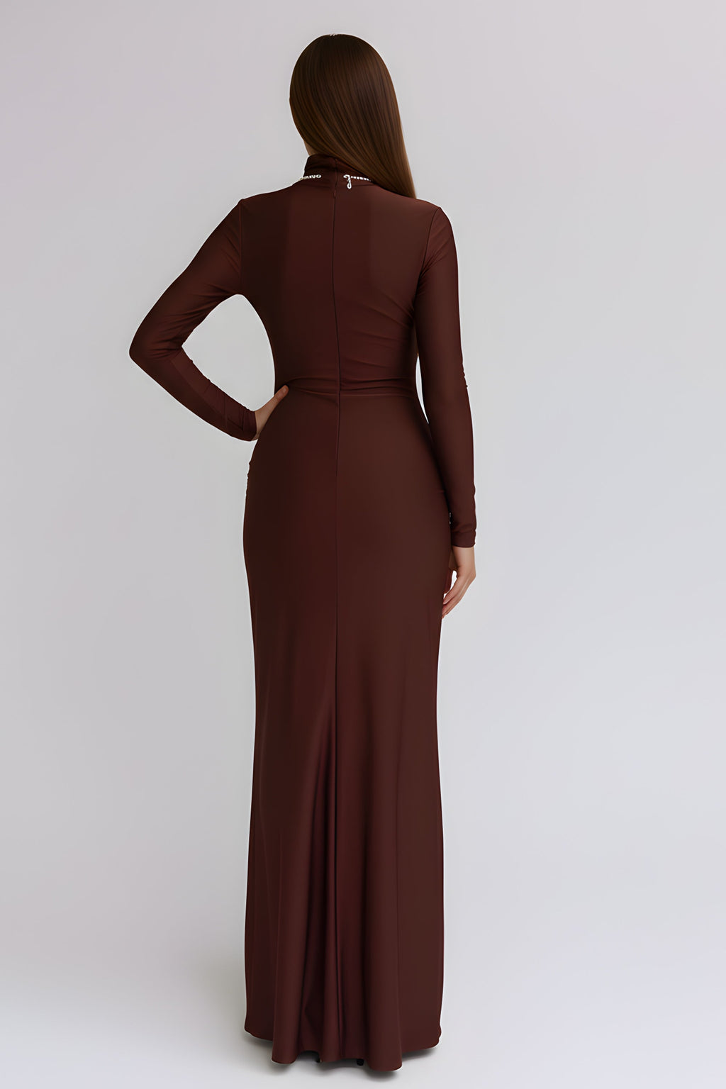 Elegant Long Sleeve Mock Neck Maxi Dress with Knotted Waist Detail