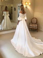 Off Shoulder Flared Cuff Sleeve Satin Bridal Ball Gown With Button Back