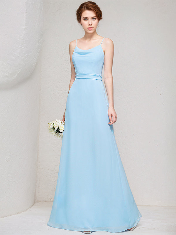 Sky Blue A-Line Cowl Floor-Length Chiffon Bridesmaid Dress With Ruffle