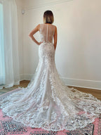 Illusion Neck Sleeveless Mermaid Lace Bridal Dress With Long Train