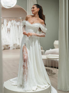 Satin Off the Shoulder Wedding Dress With Lace Slit