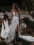 Open Back Spaghetti Strap Lace Deep V-Neck Wedding Dress