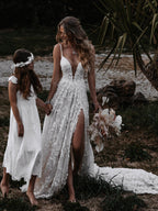 Open Back Spaghetti Strap Lace Deep V-Neck Wedding Dress