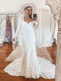 Long Sleeves Lace Mermaid Vintage Bridal Dress With Train