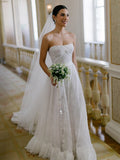 Elegant Strapless Ruched Plain Lace A-Line Wedding Gown