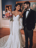 Vintage Thin Strap Lace Half Sleeves Mermaid Wedding Gown With Broad Train