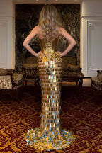 Strapless Metallic Corset Bodice Triangle Fringe Mermaid Gown