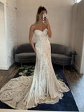 Vintage Linear Floral Lace Form-Fitting Wedding Gown With Detailed Scalloped Train