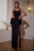 Elegant Sleeveless Gown with Sculptural Hip Ruffles and Side Cutouts