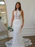 Mermaid Halter Neck Lace Open Back Long Wedding Dress