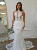 Mermaid Halter Neck Lace Open Back Long Wedding Dress