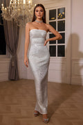 Strapless Geometric Crystal Column Maxi Dress with Back Slit