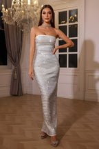 Strapless Geometric Crystal Column Maxi Dress with Back Slit