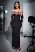 Off-The-Shoulder Corset Evening Gown Featuring Floral Appliques