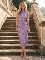 High-Neck Sequin Floral Embroidered Evening Dress