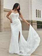 Sweetheart Ruched Lace Corset Mermaid Wedding Dress With Side Slit And Chapel Train