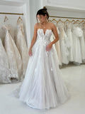 Strapless Deep V Floral Appliqué Glitter Tulle A-Line Wedding Dress