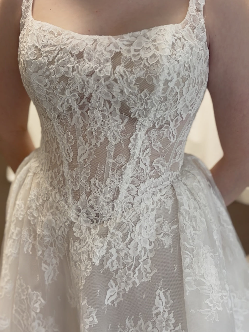 Romantic Square Neck Lace A-Line Wedding Dress With Long Train